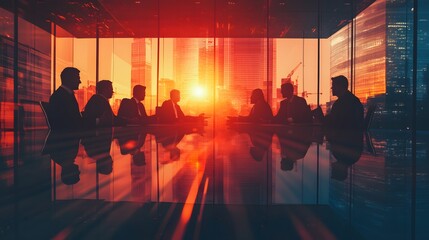 Silhouetted Business People Meeting in a Glass-Walled Office Overlooking a City at Sunset