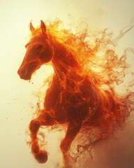 A fiery horse gallops forward surrounded by flames, creating a dynamic, powerful image of strength and energy.