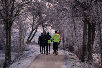 Fototapeta premium Group of Dutch people running early in the morning on an icy path in the winter season