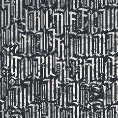 Black-white seamless pattern of Gothic letters. Repeating grunge background with medieval Latin letters. Vector texture of english alphabet letters. Wallpaper, wrapping paper, fabric