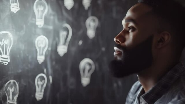 African American man visualizing innovative ideas with light bulb illustrations around him. Creative thinking and innovation concept