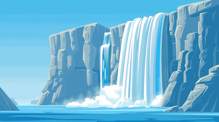 The waterfall flows majestically from the cliffs, creating mist as it splashes into the calm blue lake surrounded by nature