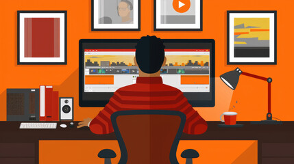 A person is focused on editing video content at a stylish desk surrounded by vibrant orange walls and artistic decor, showcasing a modern workspace atmosphere