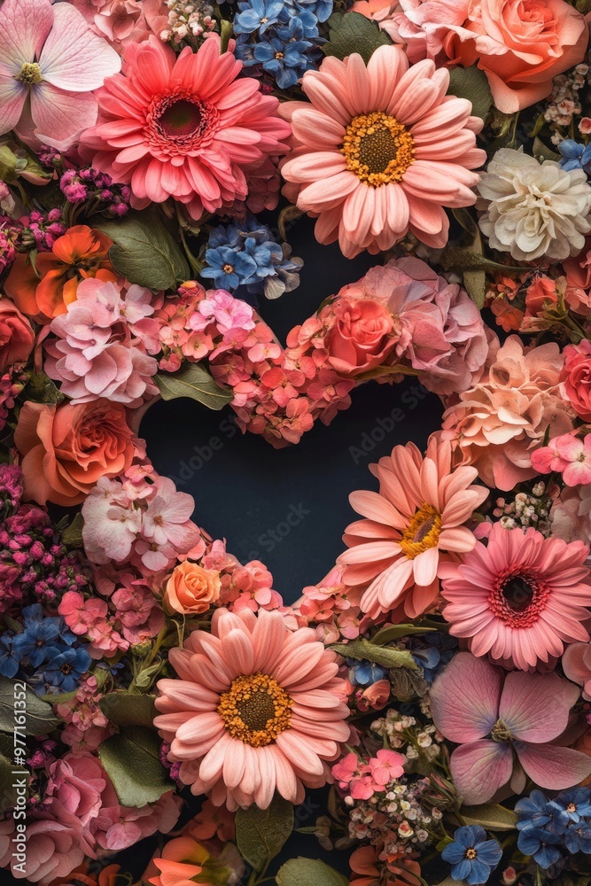 Sticker A heart-shaped arrangement of colorful flowers on a dark background.