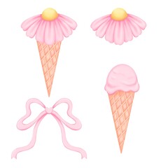 Aesthetic set of ice cream with flower, cute pink bow. Soft girl bow and ice cream aesthetic, printable repeat digital paper background. For fabric, packaging paper, scrapbooking.