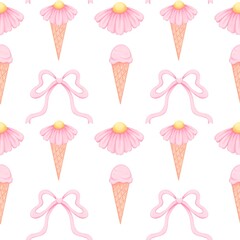 Seamless pattern with pink and white ice cream. Hand draw illustration. For fabric, packaging paper, scrapbooking
