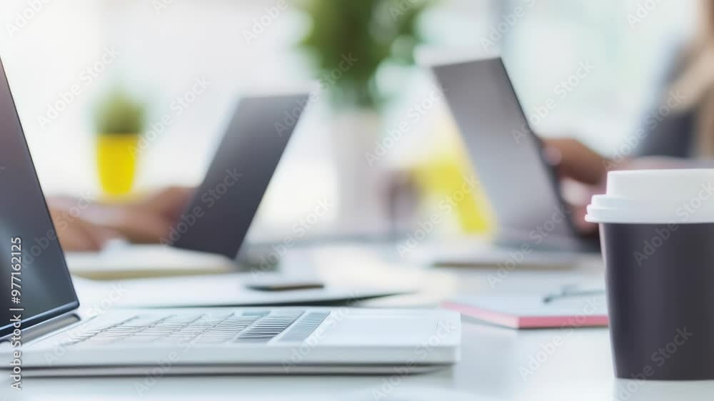 Poster close-up of a laptop and coffee cup on a business desk with blurred figures working in the backgroun