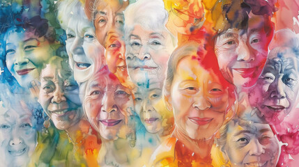 Obraz premium This captivating artwork features a colorful collage of smiling elderly women, showcasing their joyful expressions and vibrant personalities