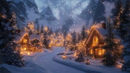 Beautiful Snowy Christmas Village at Dusk with Warmly Lit Cottages Perfect for Holiday Themes