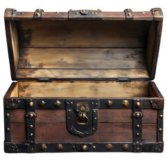 A rustic wooden treasure chest with metal embellishments and a lock. The interior is spacious and unoccupied, showcasing craftsmanship and a vintage aesthetic