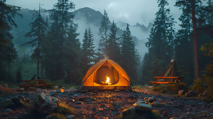 camping tent in the forest.Summer camp with bonfire, tent, backpack . landscape with mountain, forest and campsite.