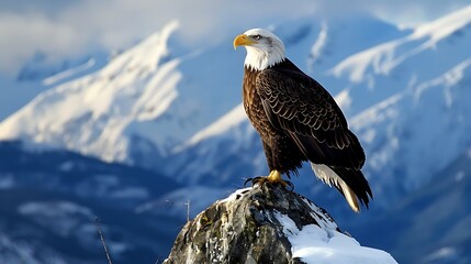 Majestic eagle poised on a snow covered a peak