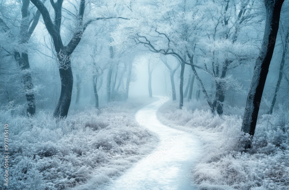 Poster a serene winter landscape with trees covered in frost, misty air, and a winding path leading through