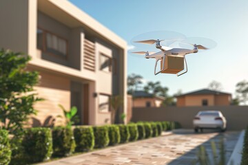 Obraz premium An innovative drone delivering a parcel, equipped with remote control and aerial technology.