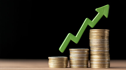 Gold Coins Stacked with Green Upward Arrow Indicating Positive Financial Trend and Economic Growth on Dark Background

