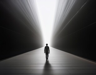 Figure Walking Towards Light in Long Tunnel – Symbol of Hope and Perseverance