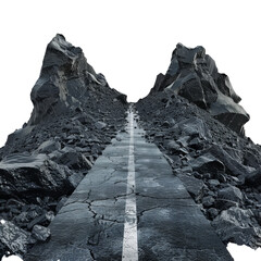 Cracked asphalt road is passing between two mountains with rocks leading to a white background