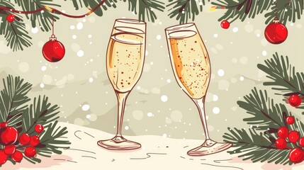 Watercolor champagne. Christmas champagne glass.  Watercolor Christmas art for greeting cards, planner, holiday decor