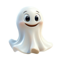 A cute, friendly ghost with big, expressive eyes and a cheerful smile, designed in a cartoon style, embodying a fun and playful spirit