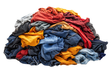 A chaotic pile of colorful, wrinkled clothes, including t-shirts, jeans, and assorted garments, creating a vibrant yet disorganized visual display