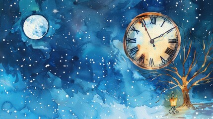 Christmas illustration with vintage watch and spruce branches. Five minutes to twelve o'clock of new year. Design for christmas and new year. Watercolor 