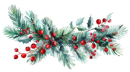 christmas, new year holiday decoration element - spruce tree with mistletoe, ilex holly leaves, berries. Isolated on white background.