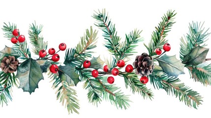 christmas, new year holiday decoration element - spruce tree with mistletoe, ilex holly leaves, berries. Isolated on white background.