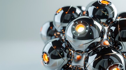 Many lenses of light on a round robotic with a metallic base and flexible joints