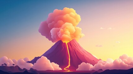 A cute, rounded cartoon volcano with soft smoke clouds and a small lava flow dripping down.
