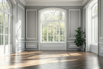 Obraz premium Classical empty room interior, wooden floors and gray walls, decorated with white moulding, white window looking out to nature, soft natural light.