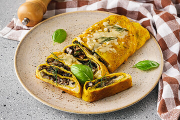 Delicious Homemade Omelette: Fresh Ingredients with Cheese, Mushrooms, and Vegetables