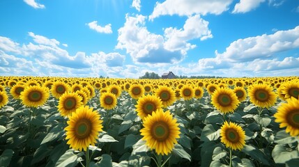 Fototapeta premium A golden sea of sunflowers under a blue sky, with butterflies and a charming farmhouse nearby.