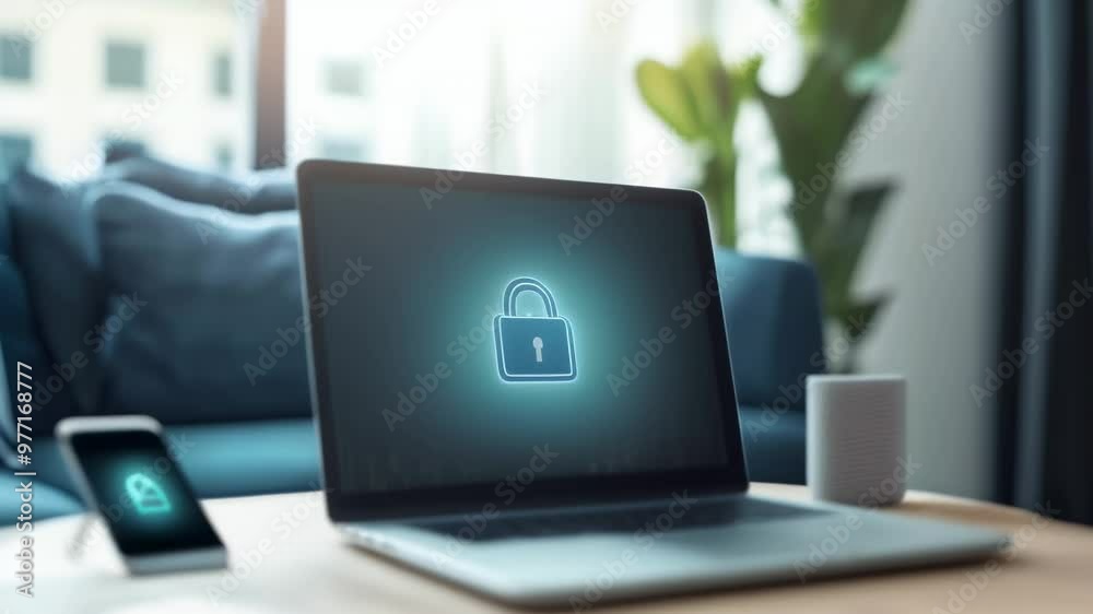 Poster Home office setup featuring a laptop with a security lock, emphasizing personal data security in a remote work environment.