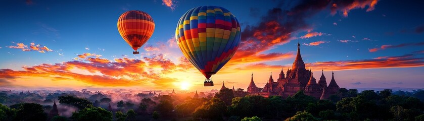 Obraz premium Majestic sunrise over the Bagan Temples in Myanmar, photorealistic, ancient Buddhist temples, sunrise hot air balloons, historical spiritual center, misty landscapes, cultural treasures