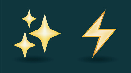 Golden star and lightning icon set on black background