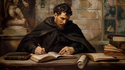 St Francis de Assisi Catholic friar writing holy scripture in bible book wearing black monk robes with ancient architecture