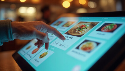 Customer's hand interacting with a touchscreen in a modern restaurant, focusing on menu and payment options.






