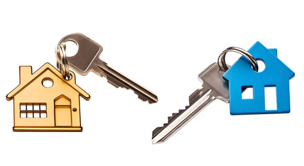 Close Up To a Set of House keys PNG with Metalic house Colored keychain isolated on white and transparent background - Door keys Home Keychain Keyring Home Security Concept