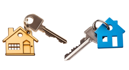Close Up To a Set of House keys PNG with Metalic house Colored keychain isolated on white and transparent background - Door keys Home Keychain Keyring Home Security Concept