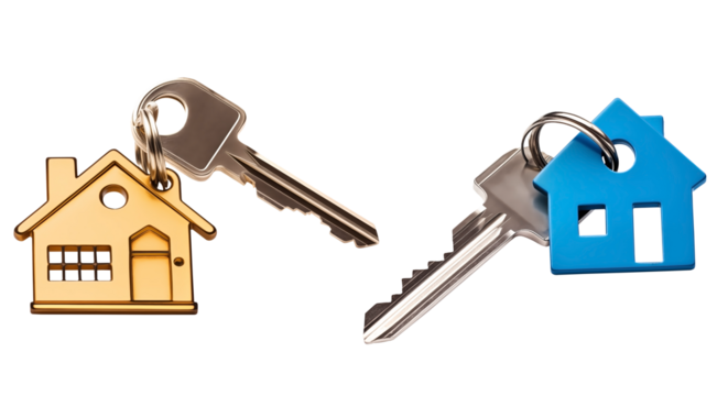 Close Up To a Set of House keys PNG with Metalic house Colored keychain isolated on white and transparent background - Door keys Home Keychain Keyring Home Security Concept