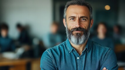 Fototapeta premium A gray-haired man with a trimmed beard wearing a jeans shirt smiles warmly, exuding a sense of relaxation and contentment while sitting indoors.