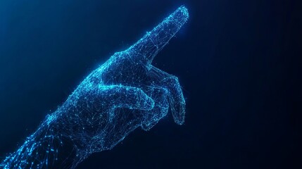3d hand with index finger pressing or pushing button. Action or gesture concept in dark blue background. Digital polygonal wireframe with dots, lines and shapes