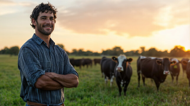 &eacute;leveur de vaches posant fi&egrave;rement dans son champ devant son troupeau