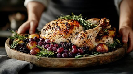 A beautifully roasted chicken garnished with fresh fruits and herbs, presented on a rustic wooden platter, showcasing an elegant and appetizing setup for a perfect meal.