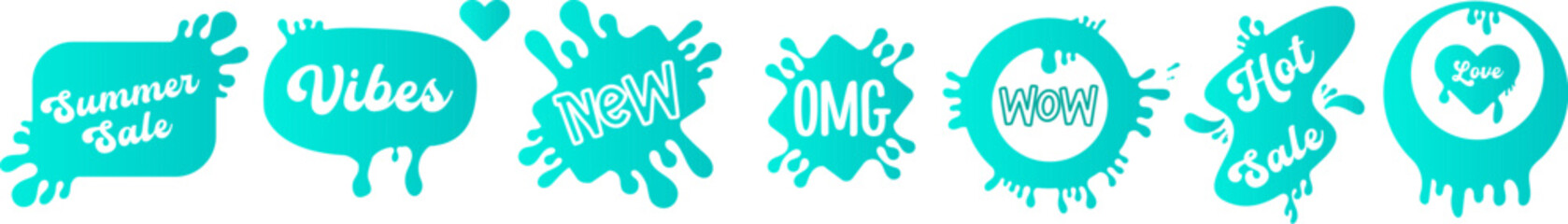 Hello summer, summer sale, hello, OMG, Positive Vibes, Wow, Sale green retro sticker set isolated on white background. Y2k sticker collection with message. Planner and scrapbook patch set