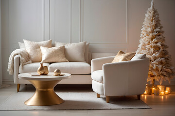 New year tree and christmas decoration in cosy light living room with sofa. AI generated.	