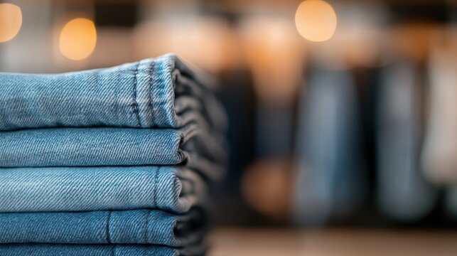 A stack of neatly folded denim jeans on display in a warm, inviting boutique setting, with a blurred background to emphasize the fabric's quality and the cozy store environment.