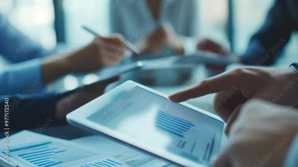 Poster Business meeting with digital tablet showing charts and graphs, surrounded by documents and team members. Ideal for corporate collaboration and financial analysis.