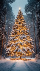 A Towering Snow-Covered Christmas Tree In The Center Of A Winter Wonderland Perfect For Holiday Promotions