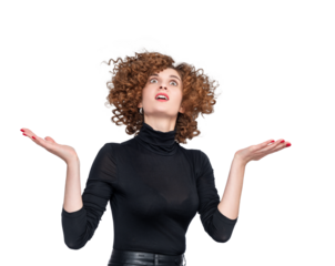 Young woman in black turtleneck looking up with hope and spreading arms, isolated on a transparent background png. Waiting for a miracle